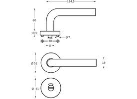 Deurkruk Lisa/90° met rozet verdekt ATP ø51x10mm met nokken en WC-sluiting met stift 8x8mm rvs