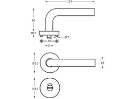 Deurkruk Gebogen met rozet verdekt ATP ø51x10mm met nokken en WC-sluiting met stift 8x8mm rvs