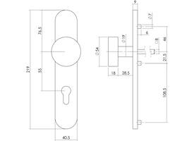 Knopschild ovaal verdekt 219x41x8mm met nokken en vaste knop plat profielcilindergat 55mm rvs