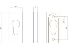 Veiligheid schuifrozet rechthoekig 69x30x9mm profielcilindergat rvs