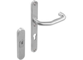 SKG3 veiligheidsbeslag ovaal rozet 156x35mm profielcilindergat 72mm met kerntrekbeveiliging en veiligheid binnenschild smal met kruk verkropt rvs