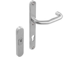 SKG3 veiligheidsbeslag ovaal rozet 156x35mm profielcilindergat 92mm met kerntrekbeveiliging en veiligheid binnenschild smal met kruk verkropt rvs