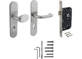 Set voordeurbeslag ovaal verdekt: SKG3 veiligheidsbeslag ovaal 255x52mm greep/kruk kt72 met SKG2 slot 72pc rvs