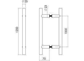 Deurgrepen T-vorm 1200x70x25mm hart op hart 1000mm rvs