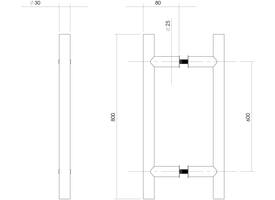 Deurgrepen T-vorm 800x80x30mm hart op hart 600mm rvs