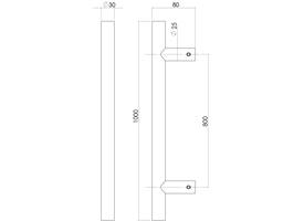 Deurgreep T-vorm 1000x80x30mm hart op hart 800mm rvs