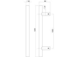 Deurgreep T-vorm 1200x80x30mm hart op hart 1000mm rvs