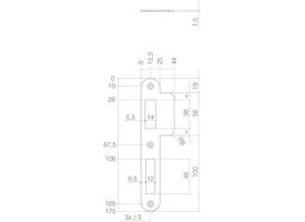 Sluitplaat 175x25/44x1,5mm tbv dag- en nacht schoot, afgerond met korte lip, rvs DIN links