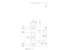 Sluitplaat 94x25/44x1,5mm tbv dagschoot, afgerond met korte lip, rvs