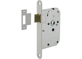 Woningbouw loopslot, voorplaat afgerond wit gelakt, 20x174, doorn 50mm incl. sluitplaat
