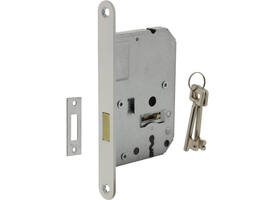 Woningbouw klavier kastslot 55mm, voorplaat afgerond wit gelakt, 20x174, doorn 50mm incl. sluitplaat 2 sleutels