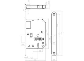 Woningbouw klavier kastslot 55mm, voorplaat afgerond wit gelakt, 20x174, doorn 50mm incl. sluitplaat 2 sleutels