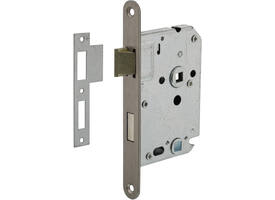 Woningbouw badkamer/toilet slot 63/8mm, voorplaat afgerond rvs, 20x174, doorn 50mm incl. sluitplaat