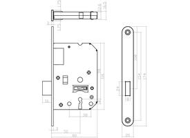 Woningbouw klavier kastslot 55mm, voorplaat afgerond rvs, 20x174, doorn 50mm incl. sluitplaat 2 sleutels