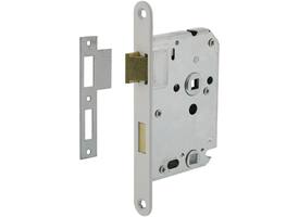 Woningbouw badkamer/toilet slot 63/8mm, voorplaat afgerond wit gelakt, 20x174, doorn 50mm incl. sluitplaat Industrieverpakking