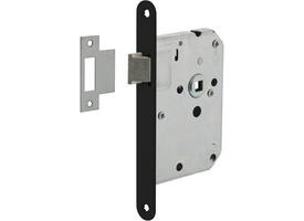 Woningbouw loopslot, voorplaat afgerond zwart gelakt, 20x174, doorn 50mm incl. sluitplaat