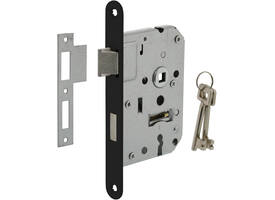 Woningbouw klavier dag- en nachtslot 55mm, voorplaat afgerond zwart gelakt, 20x174, doorn 50mm incl. sluitplaat en 2 sleutels