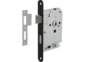 Woningbouw badkamer/toilet slot 63/8mm, voorplaat afgerond zwart gelakt, 20x174, doorn 50mm incl. sluitplaat