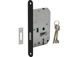 Woningbouw klavier kastslot 55mm, voorplaat afgerond zwart gelakt, 20x175, doorn 50mm incl. sluitplaat en 2 sleutels