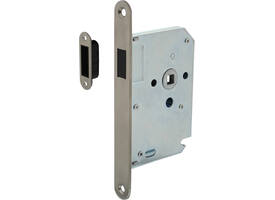 Woningbouw magneet loopslot, voorplaat afgerond rvs, 20x174, doorn 50mm incl. sluitplaat/kom