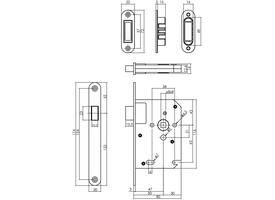 Woningbouw magneet loopslot, voorplaat afgerond rvs, 20x174, doorn 50mm incl. sluitplaat/kom