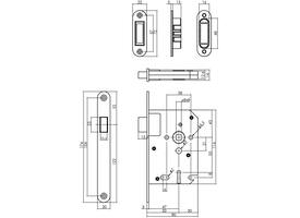 Woningbouw magneet klavier dag- en nachtslot 55mm, voorplaat afgerond rvs, 20x174, doorn 50mm incl. sluitplaat/kom en 2 sleutels