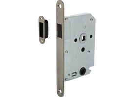 Woningbouw magneet badkamer/toilet slot 63/8mm, voorplaat afgerond rvs, 20x174, doorn 50mm incl. sluitplaat/kom