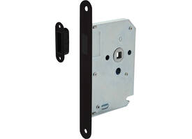 Woningbouw magneet loopslot, voorplaat afgerond zwart, 20x174, doorn 50mm incl. sluitplaat/kom