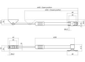 Telescopische uitzetter tbv buitendraaiend raam, middel 325mm met grotere schroefgaten ø6,2mm en schroefplaat grijs