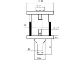 WC-sluiting verdekt 53x53x6mm met stift 6-8mm PVD messing mat