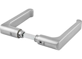 Deurkrukken massief roestvast staal mat geborsteld 125x47mm, Ø 22mm, met krukstift 9x79mm geschikt voor deur- en beslagdikte van 39-64mm. Certificeringen: gebruiks klasse 4 EN 1906: 2002-05, geschikt voor toepassing in rook- en brandwerende deuren DIN 18273: 1997-12.