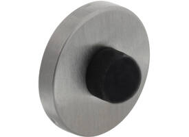 Deurbuffer wandbevestiging RVS rond 53x8mm click rozet met zwart rubber dop 20mm ter bescherming van de deurkruk. Montage op deurkrukhoogte.