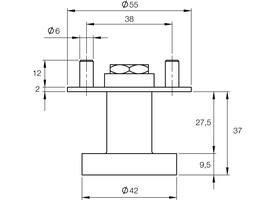 Vaste knop Ø50x10  op ronde rozet Ø55x2mm met draadbussen en inclusief wisselstift 8mm
