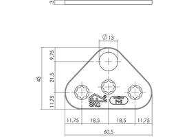 Driehoek sluitplaat vlak RVS tbv espagnolet inclusief P+E en SKG** logo afmeting 60,5x43x3mm met gat van 13mm