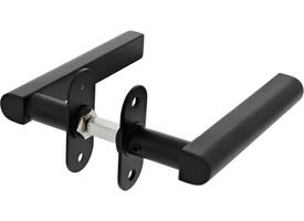 Wisselgarnituur vaste T-knop en draaibare deurkruk "DD" T-shape, L=145x55, ø20mm inclusief 9mm wisselstift voor deurdikte 50mm mat ZWART op ovaal rozet 70x28x2mm met 2 schroefgaten voor M4 en met 4 zwarte inbusboutjes M4x12mm