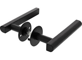 Houten deur krukgarnituur DD3- T model L=160mm, ø20mm vastdraaibaar op rozet 55mm, met 8mm stift mat ZWART voor deurdikte 40mm bevestiging  h.o.h.38mm met 2 inbusbouten zwart verzonken kop m4x35mm