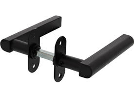 Project deurkruk"DD" T-shape, L=145x55, ø20mm met 9mm stift voor deurdikte 50mm mat ZWART op ovaal rozet 70x28x2mm met 2 schroefgaten voor M4 en met 4 zwarte inbusboutjes M4x12mm