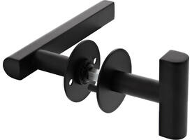 Houten deur wissel garnituur vaste T-Knop op rond rozet Ø55x2mm met draadbussen inclusief wisselstift 8mm en  "Diederick Dam" 3- T model kruk GATDEEL  8mm L=160mm, ø20mm vastdraaibaar op rozet 55mm bevestiging  schroefgaten h.o.h.38mm,  mat ZWART voor deurdikte 60mm met 2 inbusbouten zwart verzonken kop m4x55mm